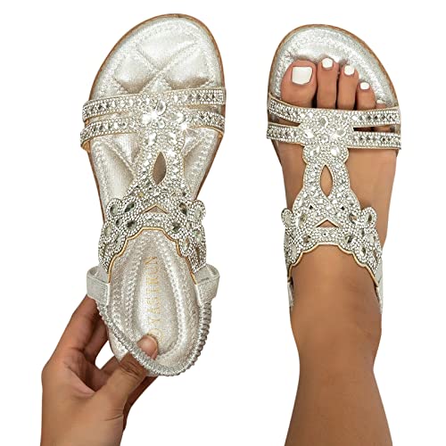 BIBOKAOKE Flache Sandalen Damen Große Größen Strass Bohemia T-Ri...