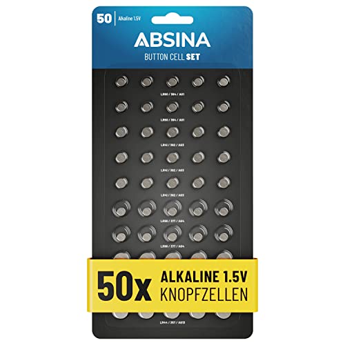 ABSINA 50er Pack Alkaline Knopfzellen Sortiment - 10x AG1   15x AG3...