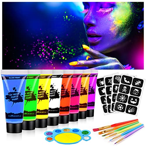 AOOWU Kinderschminke Set, 8 Farben Neon UV Schminkfarben, Waschbar ...