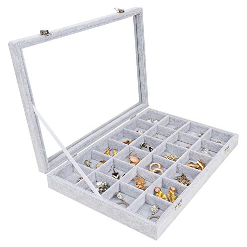 BELLE VOUS Jewelry Organizer Schmuckkasten Grau, Samt Box Glas Deck...