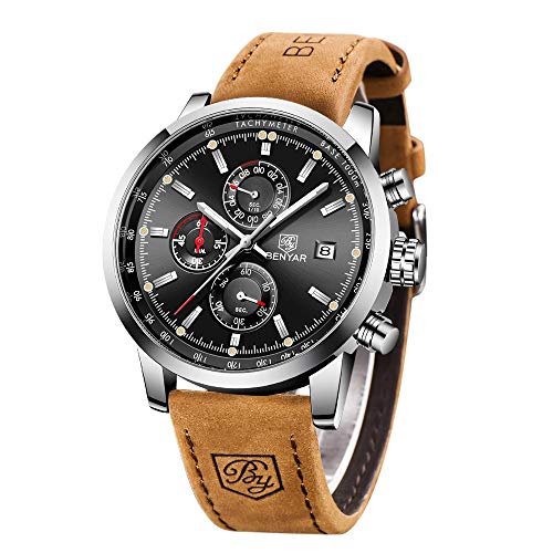 BENYAR Herrenuhr Braun Leder Strap Chronograph Quarz Uhr Männer Da...