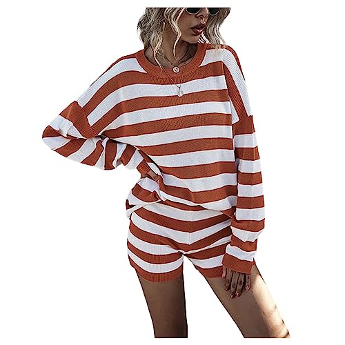 Frauenshorts Set Lose T-Shirt Shorts Stripe 2pcs Sommer Casual Long...