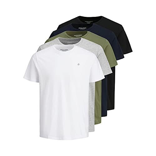 JACK & JONES Herren Kurzarm 5 Pack T-Shirt - Eclipse Weiß Schwarz ...