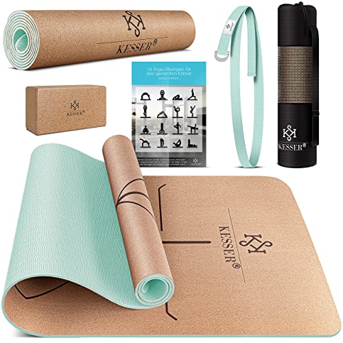 KESSER Yogamatte Kork Inkl. Tragegurt Tasche & Yoga-Block Gymnast...