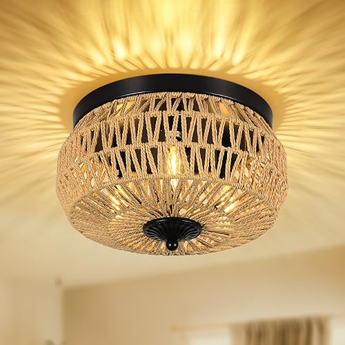 Rayofly Rattan Deckenlampe Hängend, Boho Deckenleuchte mit Rattan ...