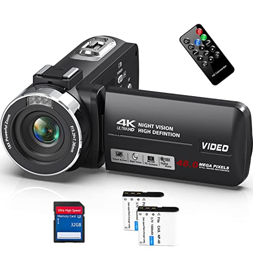 Videokamera 4K Camcorder 48MP 30FPS mit IR Nachtsicht, 18X Digitalz...