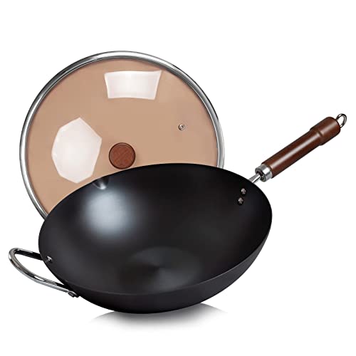 WANGYUANJI Wokpfanne mit Deckel,34cm Wok Pan aus Karbonstahl und Fl...