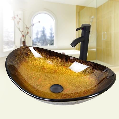 YU YUSING Aufsatzwaschbecken Waschbecken Glas Waschtisch, Oval Hand...