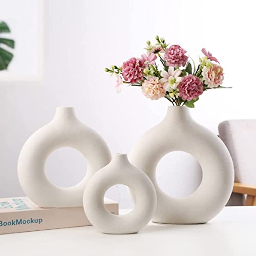 3 Stück Keramik Donut Vase Handgefertigt Rund Blumenvasen Dekorati...