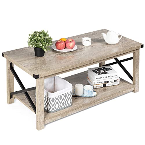 COSTWAY Couchtisch Holz 110cm, Sofatisch mit Ablagefläche und X-Ge...