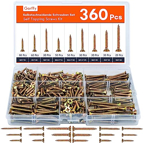 Gorffy Schrauben Set, 360 PCS Holzschrauben, Selbstschneidende Schr...