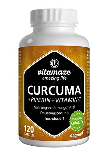 Kurkuma Kapseln hochdosiert & vegan, Piperin + Curcumin + Vitamin C...