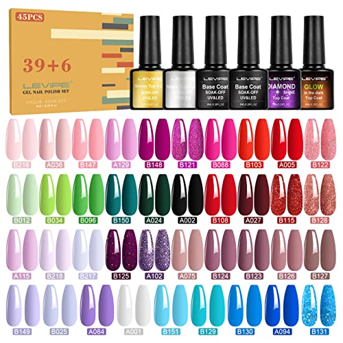 LEVIPE UV Nagellack Set, 45 Stück Gel Nagellack mit Unterlack,Glä...