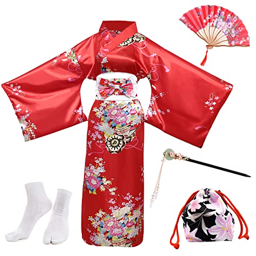 PLULON 5-teiliges japanisches Geisha-Yukata-Kleid, Blüten-Satin-Ba...