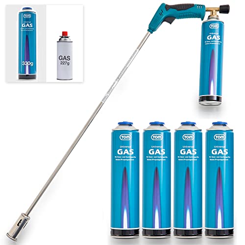 TOM Gas Unkrautbrenner Set + 4 x 330 g Universal Gasflasche mit Sch...