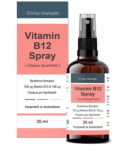 Vitamin B12 Spray, 500µg Vitamin B12 + 100µg Folsäure pro Sprüh...